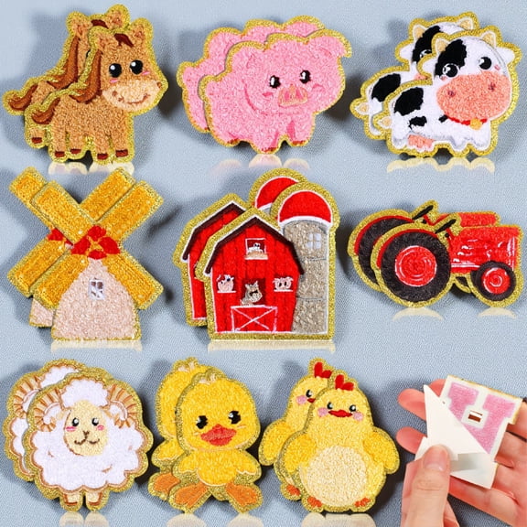 SWOEBTH 18 Farm Animal Chenille Iron Patches Self Adhesive Embroidered Appliques for Clothes Bags Jeans Jackets