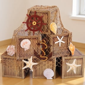 SWOEBTH 18 Pirate Party Decoration Kit with Faux Wooden Crates, Fishing Net, Hemp Rope, Cards for Trunk or Halloween Birthday
