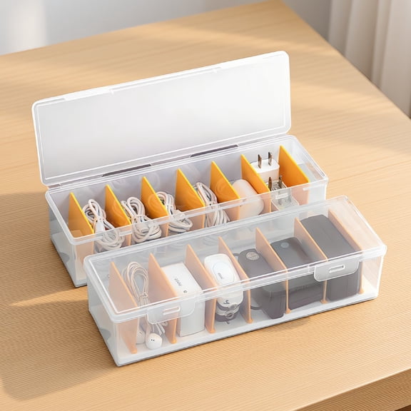 SWOEBTH 2 Pack Clear Cable Organizer Box with Lid, Adjustable Dividers, Stackable Cord and Storage, 11.81 x 3.93 x 2.75 In