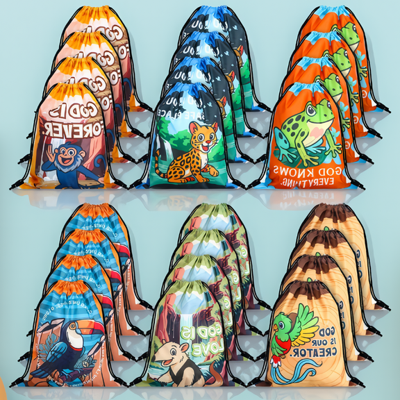 SWOEBTH 24 Rainforest Falls Drawstring Backpack Bags, VBS 2026 Party Favors, Animal Theme, 15 x 12 In, 6 Styles