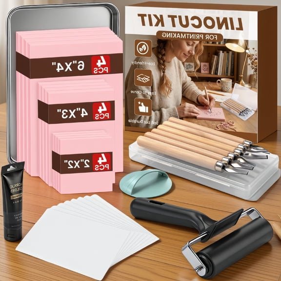 SWOEBTH 30Pcs Linocut Kit for Printmaking, 12 Linoleum Blocks with Carving Tools, Brayer, Ink, Transfer Paper for Beginners and Artists