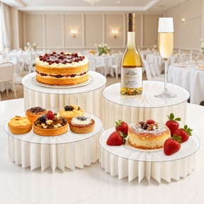 SWOEBTH 4 Pack Buffet Risers with Clear Plates, Foldable Cardboard Cylinder Stands, 4 Heights for Party, Wedding, and Catering Table Display