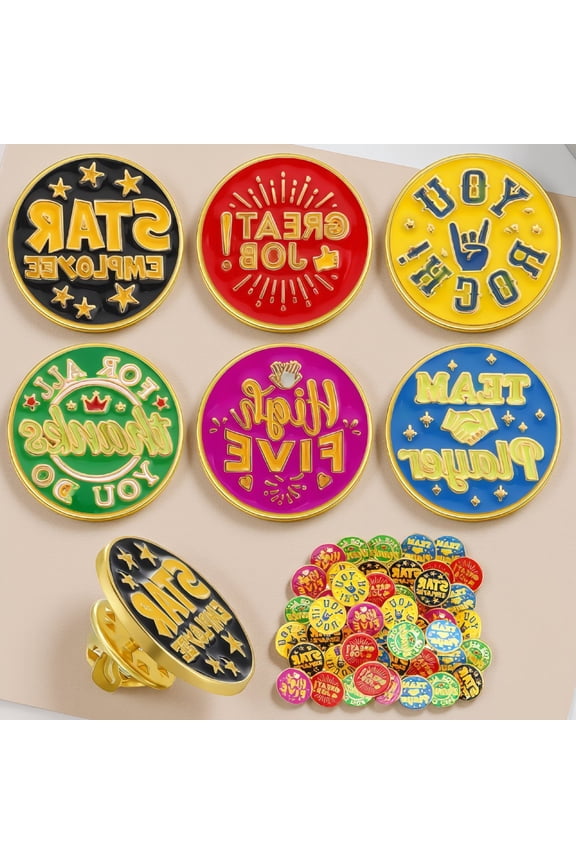 48 Pack Employee Recognition Lapel Pins, 6 Assorted Designs, Enamel Award Pins, 3/4 Inch, with Storage Box