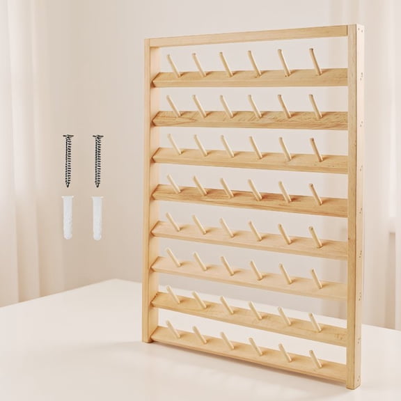 SWOEBTH 48 Spools Wooden Thread Holder Mount Embroidery Thread Organizer Rack with Hanging Hooks and Flip-Out