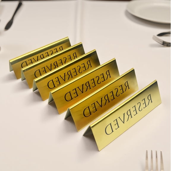 SWOEBTH 6 Pack Reserved Table Signs, Double Sided Gold Metal Tent Cards for Restaurant Wedding Event, 6 x 1.75 Inch