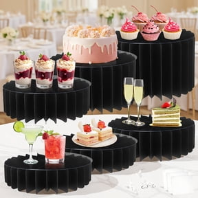 SWOEBTH 6-Piece Buffet Risers Set, Foldable Cardboard Food Display Stands with PET Plates, Multi-Height Table Riser for Party Desserts, Black