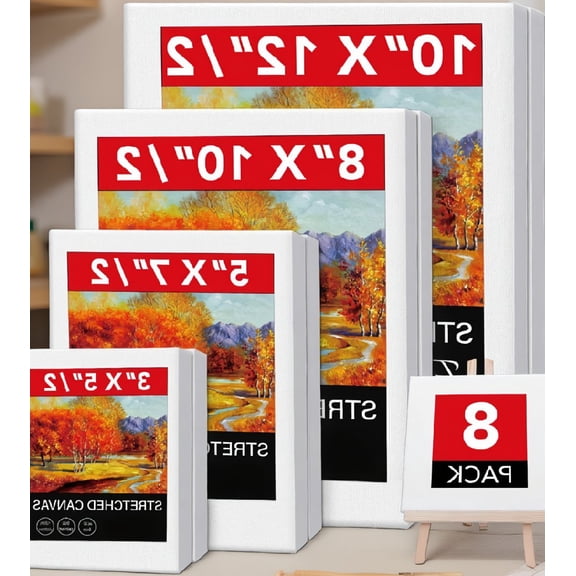 SWOEBTH 8-Pack Stretched Canvas Set, Multi-Size 3x5 5x7 8x10 10x12 Inch, Gesso Primed Cotton Art Canvas with Wood Frame