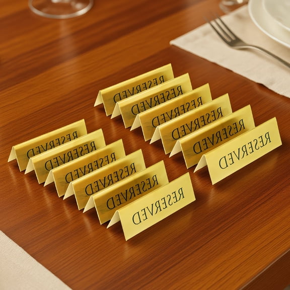 SWOEBTH Pack of 12 Metal Table Tent Reserved Signs, Gold Double-Sided Place Cards for Restaurant Wedding Banquet Event, 6 x 1.75 Inches