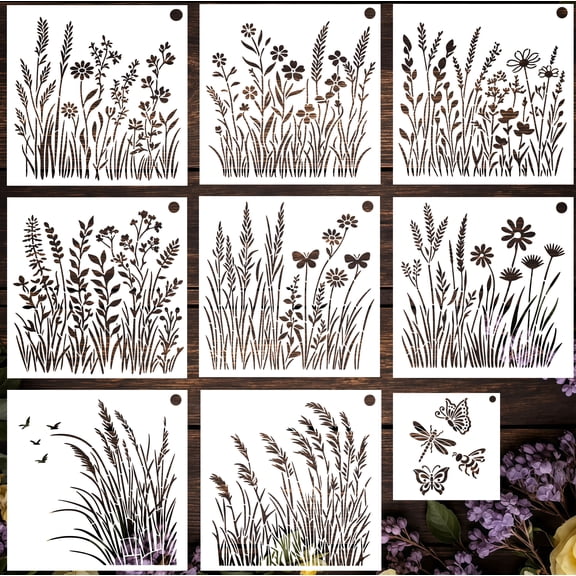 SWOHOKS Botanical Flower Stencils for Painting, 9-Piece Reusable PET Wall Template Set