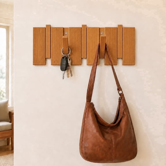 SWOHOKS Wooden Wall Mounted Coat Rack | with 5 Flip Down Hooks | Save Space & Art Deco, Honey Brown