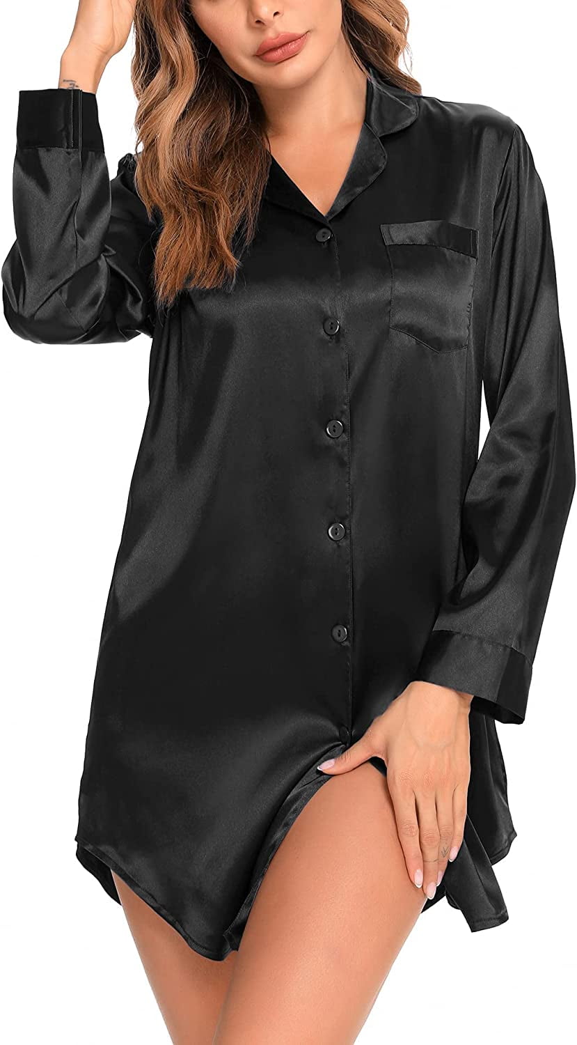  Womens Satin Sleep Shirt Long Sleeve Sleepwear Silk  Nightshirt Button Down Pajama Top Black