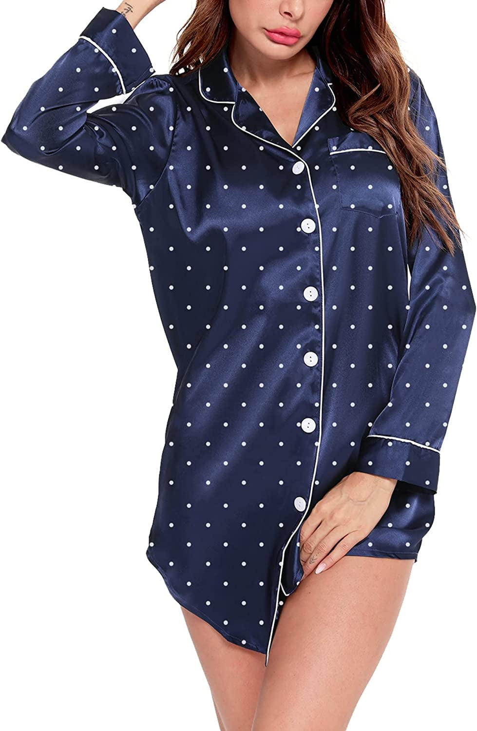 SWOMOG Women's Satin Sleep Shirt Long Sleeve Sleepwear Silk Nightshirt  Button Down Pajama Top