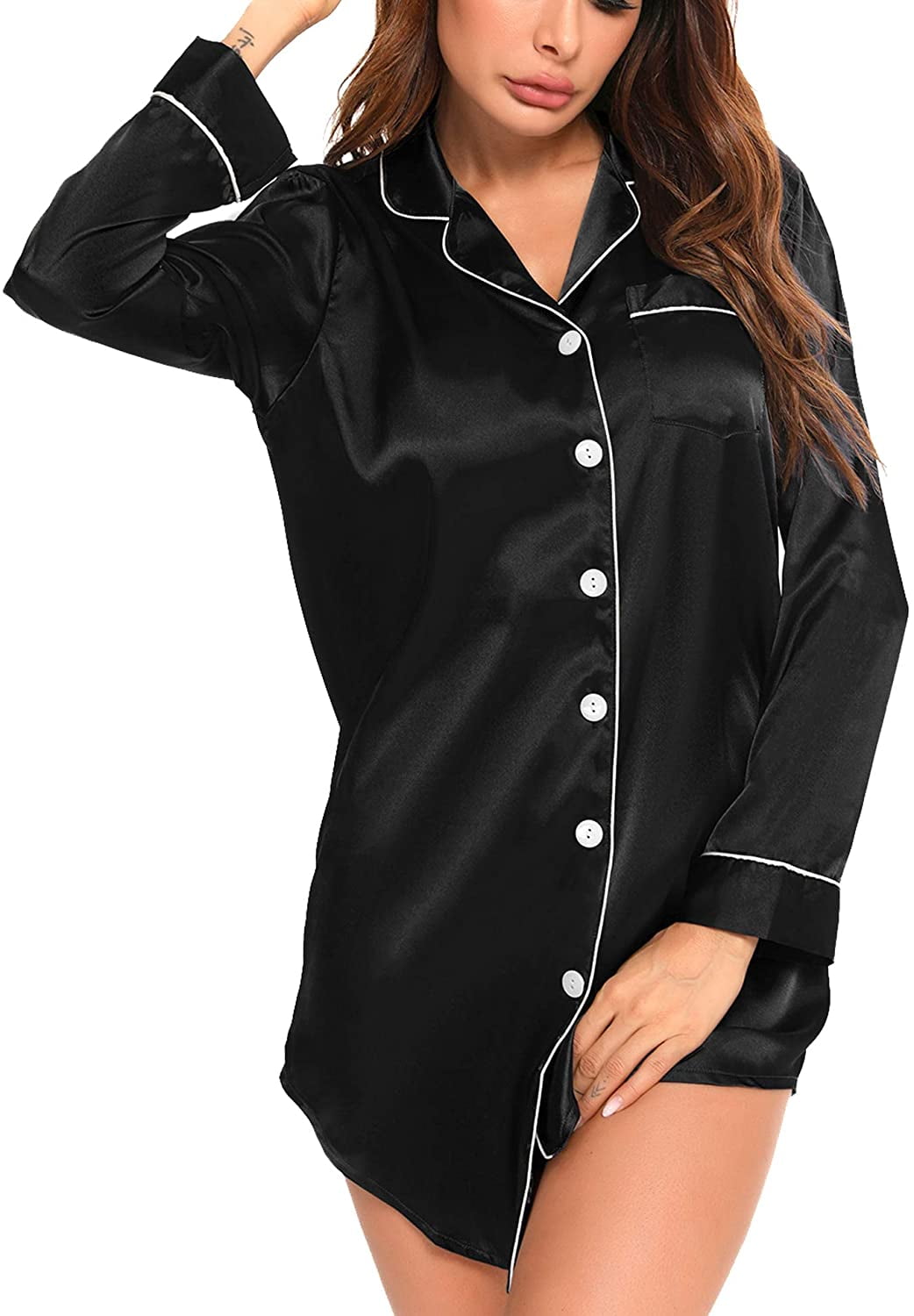 SWOMOG Women's Satin Sleep Shirt Long Sleeve Sleepwear Silk Nightshirt