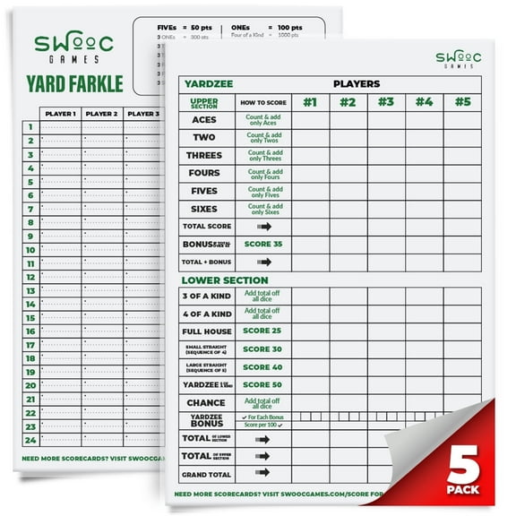 5 Big Premium Laminated Yardzee & Farkle Score Cards (11.5in x 8in)