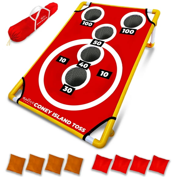SWOOC Games - Coney Island Toss - Arcade Style Cornhole Board Set w/Carrying Case & 15+ Games - Corn Hole Games for Adults - Kids Bean Bag Toss Game - Kids Cornhole Set w/Bags - Outdoor Yard Games