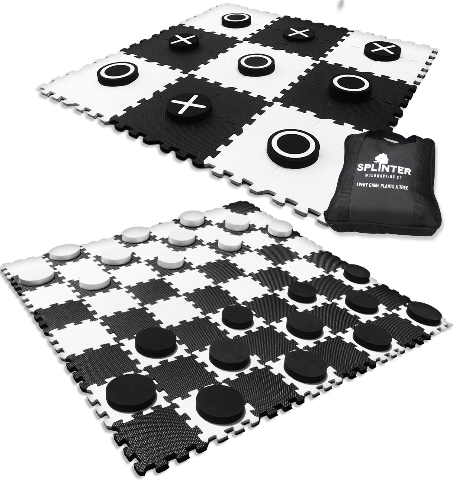 2-in-1 Giant Checkers & Tic Tac Toe Game | 4ft x 4ft | 100% High Density EVA Foam Mat & Pieces | Extra Large Checker Discs with Jumbo Checkerboard & Yard Size Tic Tac Toss Set
