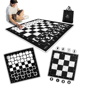 SWOOC Games - 3-in-1 Giant Checkers, Chess, & Chess Tac Toe Game W/ Machine-Washable Mat (4ft x 4ft)