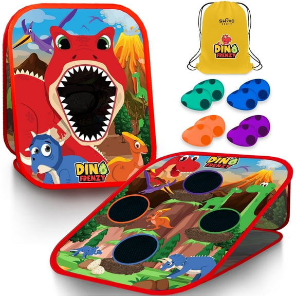 Swooc Games® - Dino Frenzy™ | 2-in-1 Corn Hole Games for Kids | 5-Second Setup | Dinosaur Bean Bag Toss Game for Kids | Kid Cornhole Game Set | Toddler Party Activity | Outside Bean Bags Kid Tossing
