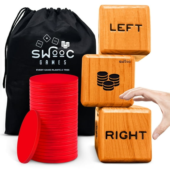 Swooc Games - Giant Right Center Left Dice Game (All Weather) with 24 Large Chips & Carry Bag - Jumbo Wooden Lawn Game - Big Backyard Games for Family - Indoor/Outdoor - Left Right Center Dice Set