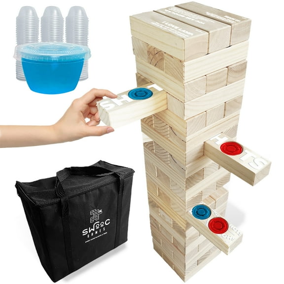 SWOOC Games - Giant Tower Party Game with Hidden Jello Shots - Includes Disposable Cups, Lids & Carrying Case - Stacks up to 5ft - Tipsy Topple Game For Adults - Giant Outdoor Games - Jumbo Bar Games