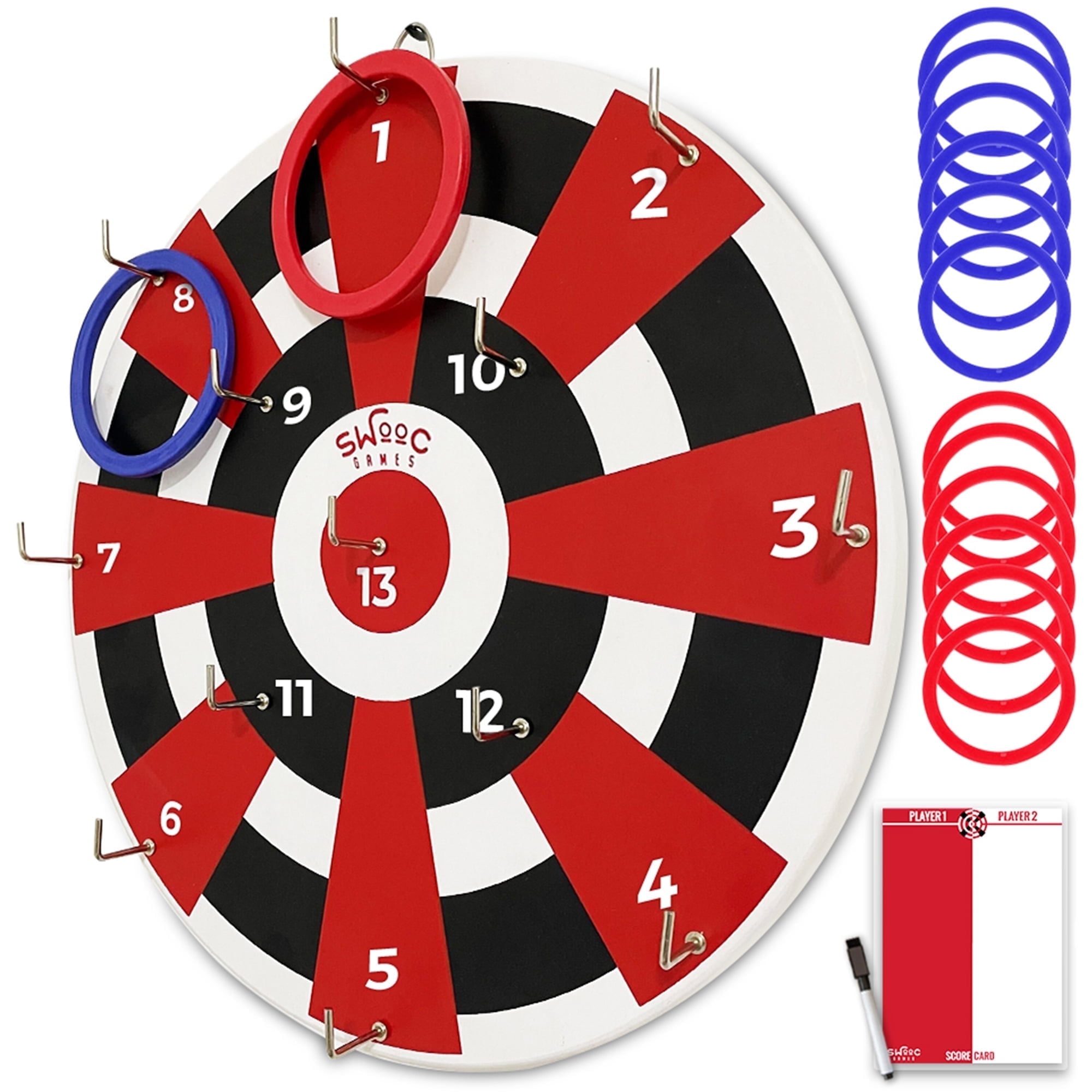 Swooc Games® ‒ Hook Darts Ring Toss Game ‒ Wood Board & Soft Rings ‒ 20+ Games Included for Kids & Adults ‒ Wall Mounted Ring and Hook ‒ Indoor & Outdoor Wall Decor for Game Room, Patio, Garage, Yard