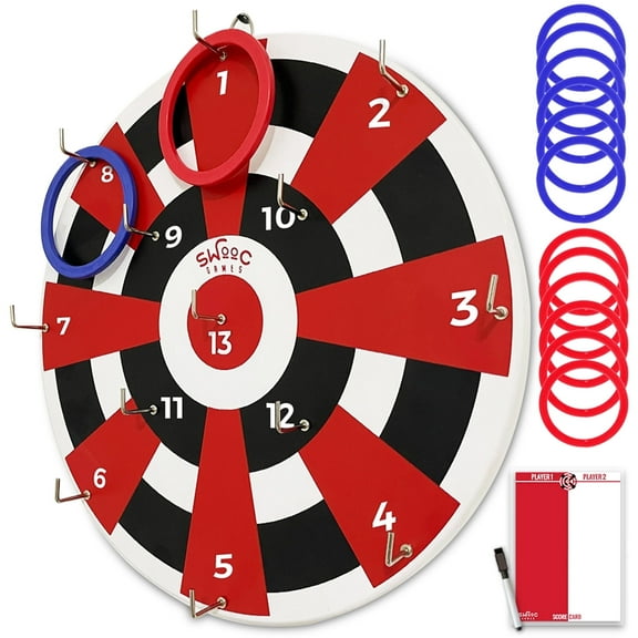 Swooc Games Hook Darts Ring Toss Game Wood Board & Soft Rings 20+ Games Included for Kids & Adults Wall Mounted Ring and Hook Indoor & Outdoor Wall Decor for Game Room, Patio, Garage, Yard