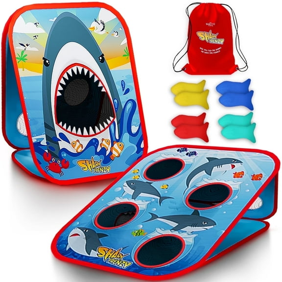 Swooc Games - Shark Frenzy | 2-in-1 Bean Bag Toss Game for Kids | 5-Second Setup | Toddler Party Games For Kids 3-5 | Toddler Outdoor Games for Kids 3-6 | Shark Toys For Boys | Kids Cornhole Game