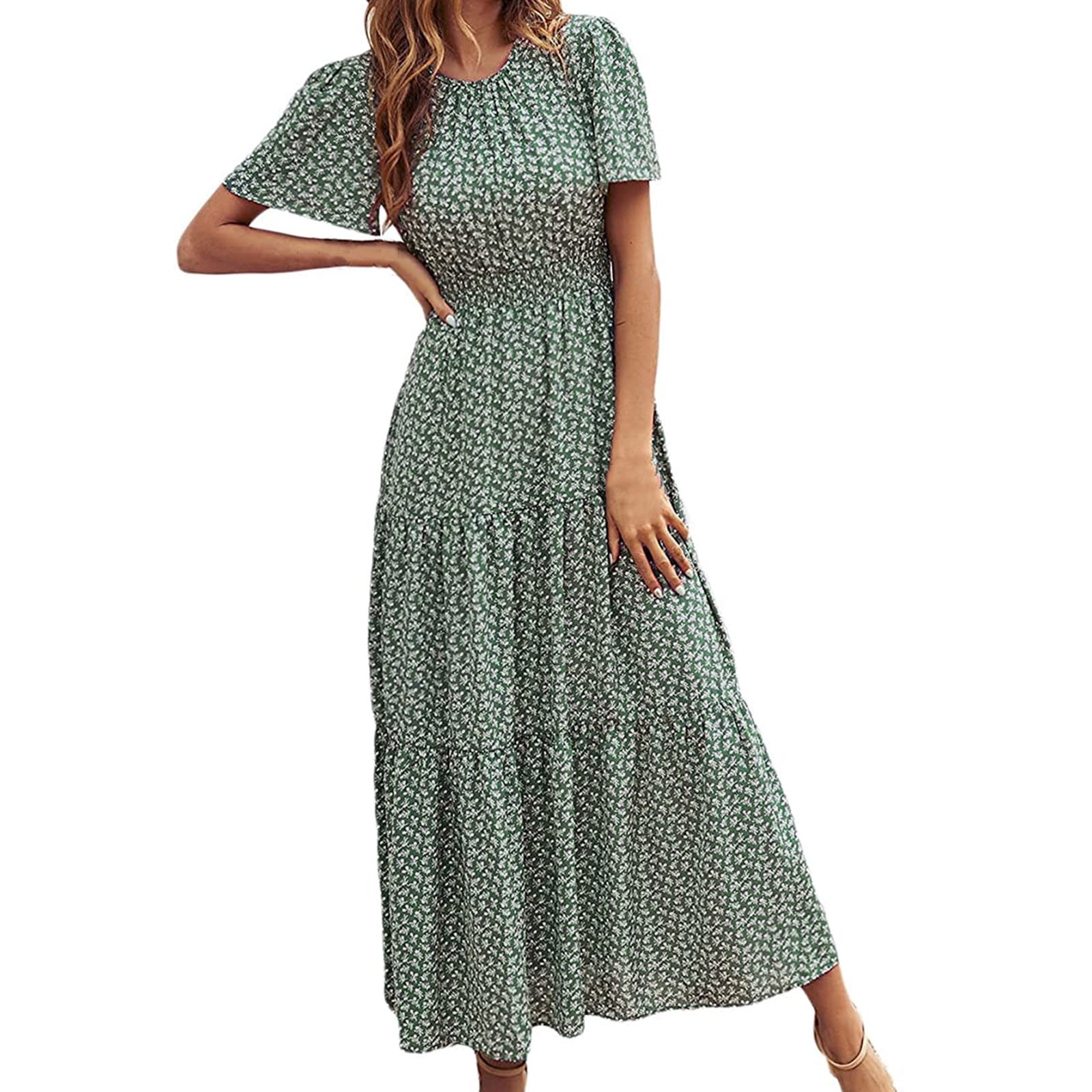 Soft Peach Floral Block Print Mini Dress – Boho Cotton Shirt Dress with Smocked Sleeves main image 0