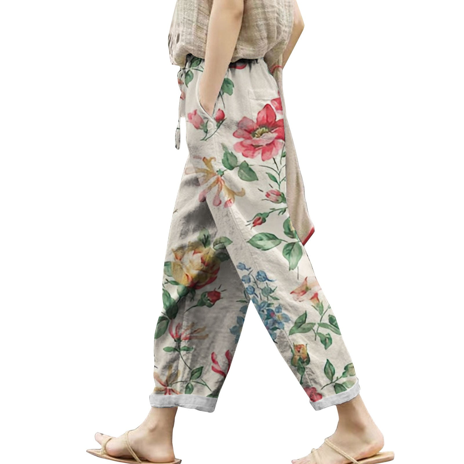 SWPZC Women's Elasticated Belt High Waisted Pocket Autumn Linen Print