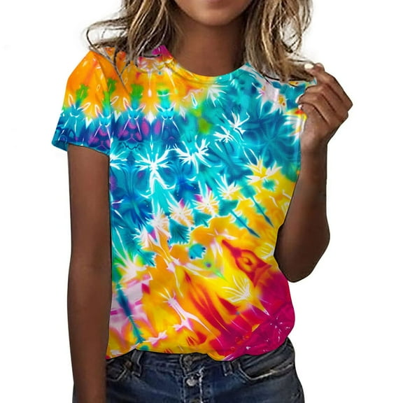 SWPZC Women's Tie Dye Graphic Tees Casual Short Sleeve Crewneck Tshirt Blouse Summer Dressy Comfy Loose Fit Tunic Cute Tops Woman Shirts Short Sleeve Long Sleeve T Shirts Women