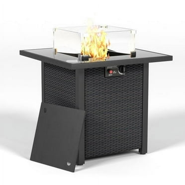SWQQWEI 28''Propane Fire Pit Table,50000 BTU Gas Firepits Tempered Glass Tabletop with Glass Windscreen Protector