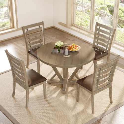SWQQWEI 5 Piece Dining Table Set Round Dining Table Solid Wood Modern ...