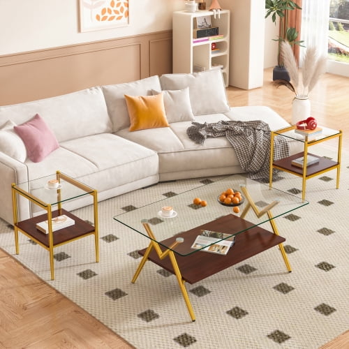 SWQQWEI Coffee Table Set of 3,Tempered Glass Table with MDF Layer ...