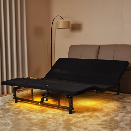 King Size Adjustable Black Metal Bed Frame with USB Ports and Nightlight