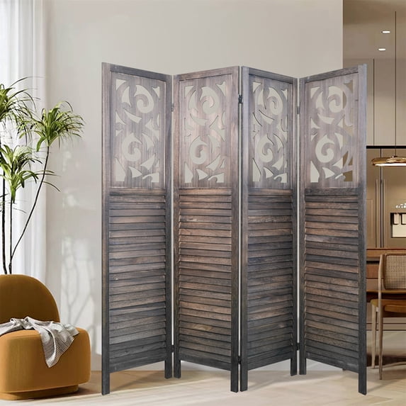 SWQQWEI Partition Wall Divider Folding Privacy 6FT Carved Wood for Office Restaurant Rustic Brown
