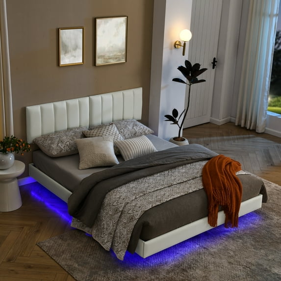 SWQQWEI Queen Bed Frame Floating with LED Lights Faux Leather Upholstered,Wall Mounted Headboard