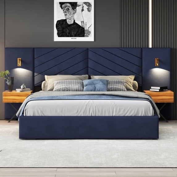 SWQQWEI Queen Bed Frame with Headboard,LED Lamp Design,Vertical Channel Tufted Wingback Headboard,Strong Wooden Slats,Easy Assembly