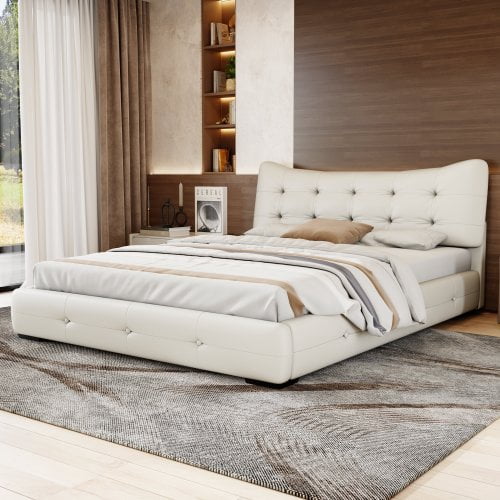 SWQQWEI Queen Bed Frames,Modern PU Upholstered Queen Bed with Ergonomic Wingback Headboard, No Box Spring Needed