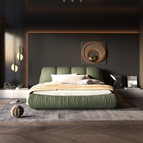 SWQQWEI Queen Upholstered Bed Frame,with Oversized Padded Backrest and Solid Wood Frame, Suitable for Multiple Heights of Mattresses,Green