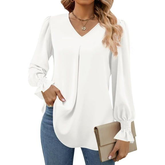 SWQZVT Blouses for Women Dressy Casual Long Sleeve Tops with Bubble Sleeve Smocked Cuffs Shirts Chiffon Business Work Fall Shirts