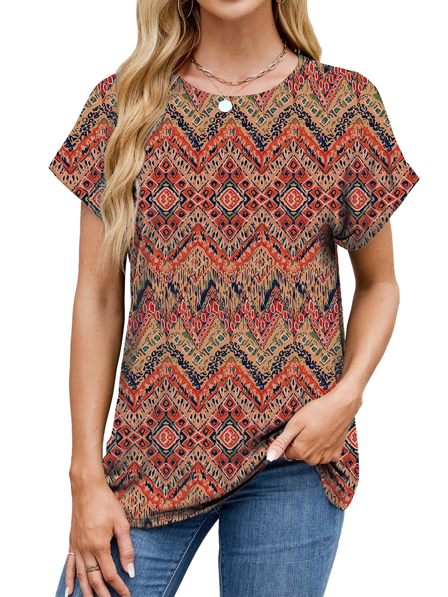 Amoretu Women's V-Neck Short Sleeve Tee - Soft Rayon Summer Top, Relaxed Fit, Red, Size S