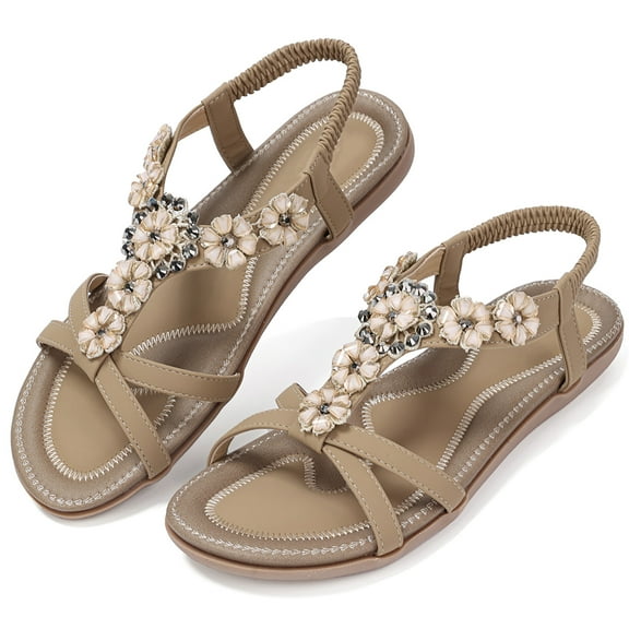 SWQZVT Boho Sandals for Women Summer Casual Flat Ankle Elastic Comfortable Beach Shoes Apricot Cute Flower Sandal