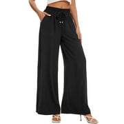 SWQZVT Pants for Women Wide Leg Dress Pants Casual High Waist Drawstring Palazzo Lounge Pants Comfy Loose Trousers with Pocke