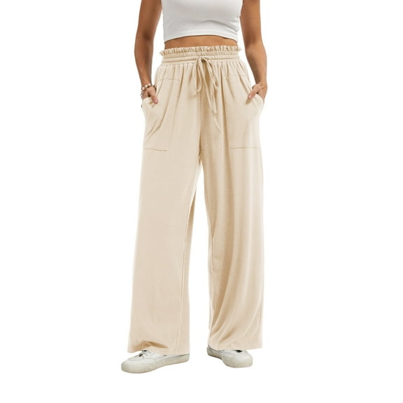 SWQZVT Fall Pants for Women Wide Leg Pants with Pockets Elastic Waistband Comfy Pants Winter Trouser for Womens Pants Casual Beige XXL