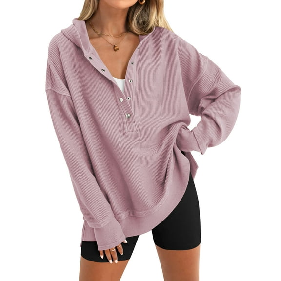 SWQZVT Hoodies for Women Button Up V Neck Side Slit Sweatshirts Long Sleeve Pullover Fall Casual Womens Hooded Tops L