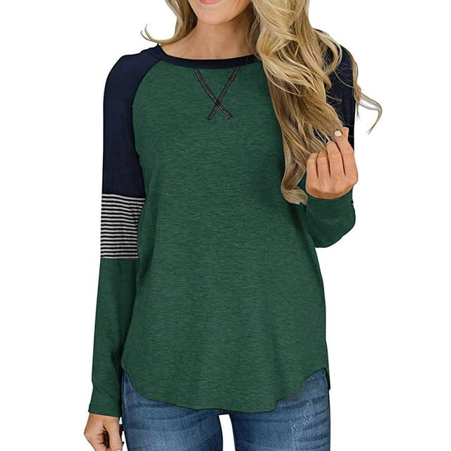 SWQZVT Fall Tops for Women Long Sleeve Shirts Crewneck Color Block Raglan Sleeve Tunic Tops for Women Casual Striped Shirts Blouses Green Tee Pullover Sweatshirts Size M