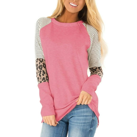 SWQZVT Fall Tops for Women Long Sleeve T Shirts Color Block Tunic Tops Long Raglan Sleeve Striped Shirts for Women Round Neck Pullover Shirts Leopard Sweatshirts Tees Pink Size M