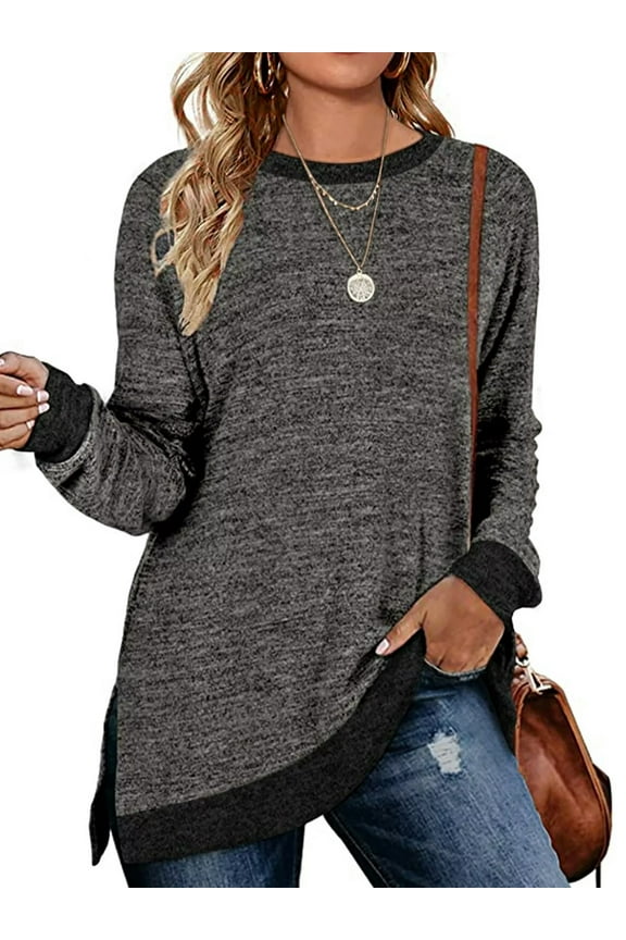Fall Tops for Women Long Sleeve Tunic Tops Basic Round Neck Trendy Color Block Loose Casual Light Weight Sweat Shirts Slits Fall Pullover Darkgray Size M