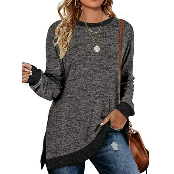SWQZVT Fall Tops for Women Long Sleeve Tunic Tops Basic Round Neck Trendy Color Block Loose Casual Light Weight Sweat Shirts Slits Fall Pullover Darkgray Size XL