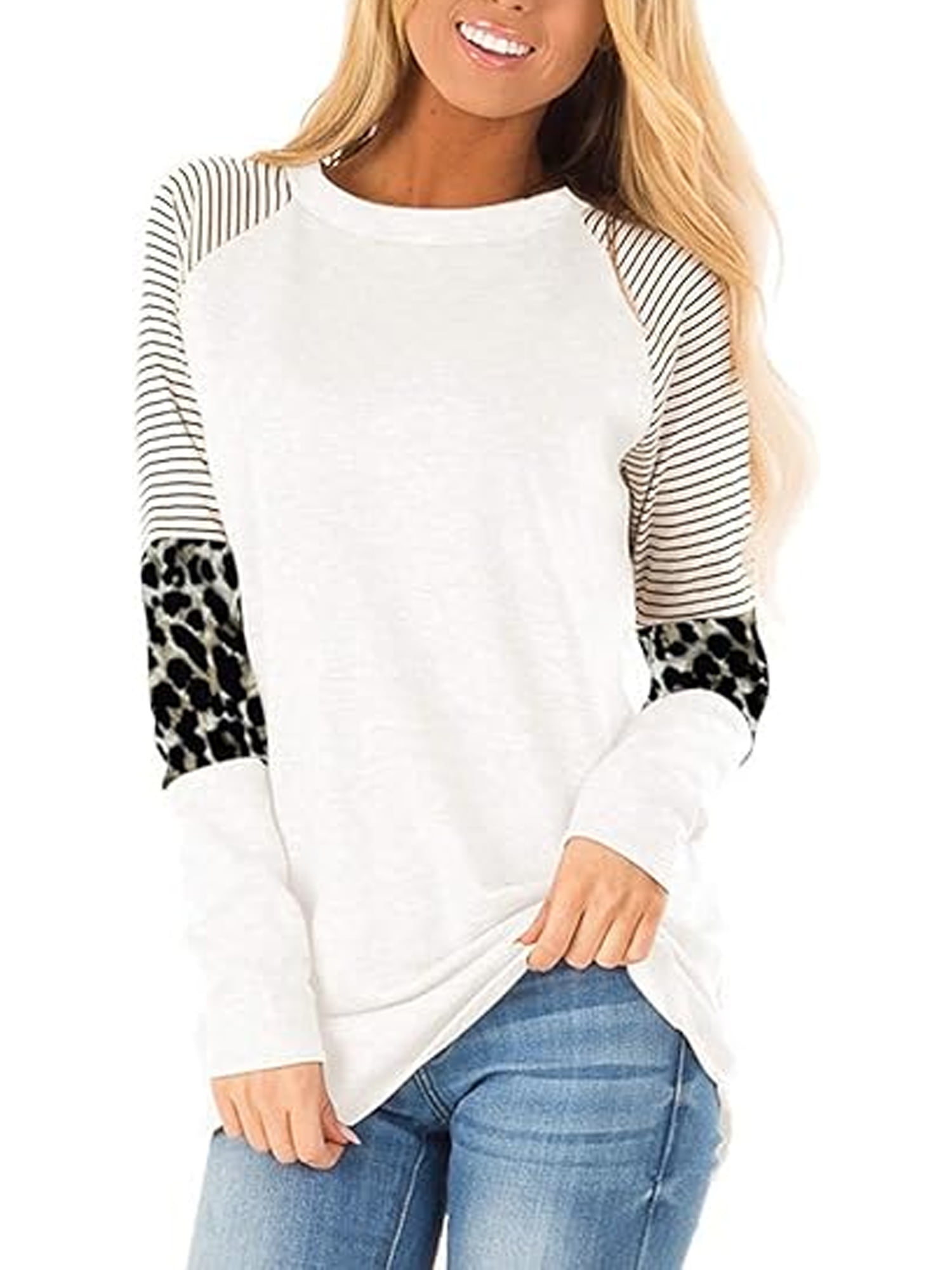 Halife Women's Lightweight Color Block Pullover Sweatshirt – Long Sleeve Loose Tunic Top (Camo Grey, Large)